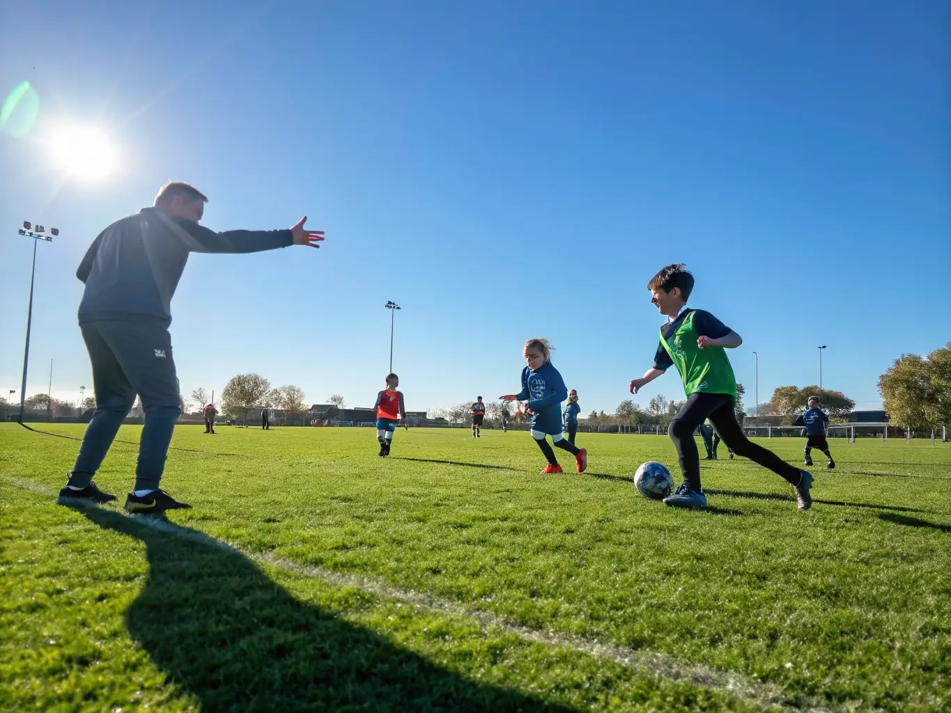 A photo of children and adults playing soccer in a community field, representing the sport and leisure activities organized by UNION-LAIQUE-MIRIBEL.