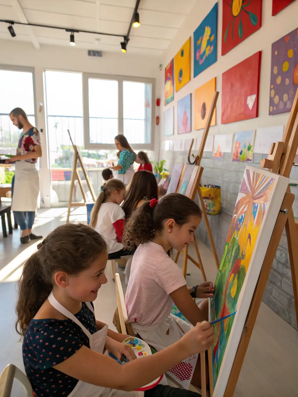 A vibrant image of children participating in an art workshop, painting colorful murals on a large canvas, showcasing creativity and community engagement at UNION LAIQUE DE MIRIBEL.